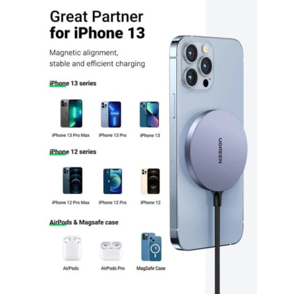 UGREEN MagSafe bežični magnetski punjač, za iPhone 12/12 Pro - 17/17 Pro/17 Pro Max, 15W, sivi - Slika 3