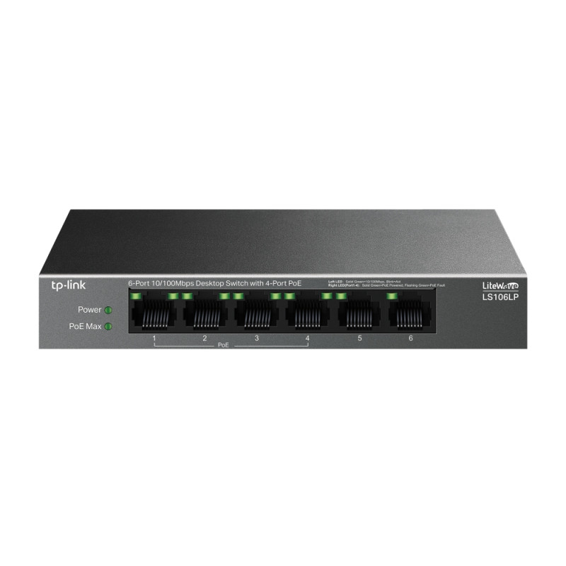 TP-Link 6-Port 10/100Mbps Desktop preklopnik (Switch), 6×10/100 Mbps RJ45 Ports (4×10/100 Mbps 802.3af PoE Ports) 802.3af, 41W PoE Power, metalno kućište