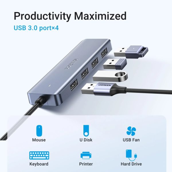 UGREEN 4-portni USB-C HUB 4xUSB-A 3.0 + USB-C power port, sivi - Slika 2