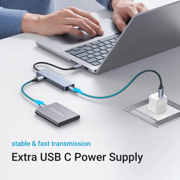 UGREEN 4-portni USB-C HUB 4xUSB-A 3.0 + USB-C power port, sivi - Slika 4