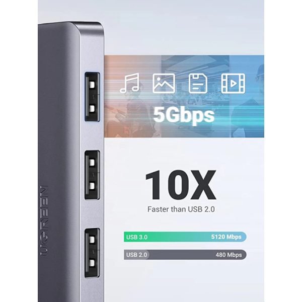 UGREEN 4-portni USB-A hub, 4xUSB-A 3.0 + USB-C, sivi - Slika 3