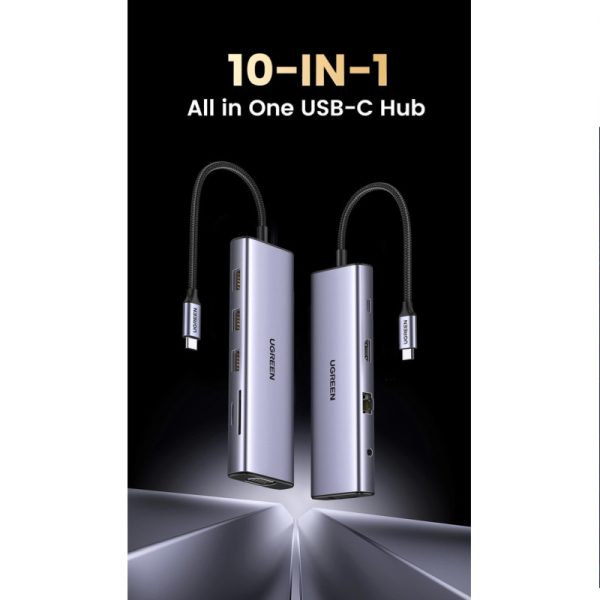 UGREEN 10-portni USB-C HUB 3×USB-A 3.0, 1xUSB- C PD, VGA, 4K, HDMI, 1xG-LAN, 1xSD, 1xTF, 3.5mm, sivi - Slika 2