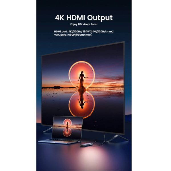 UGREEN 10-portni USB-C HUB 3×USB-A 3.0, 1xUSB- C PD, VGA, 4K, HDMI, 1xG-LAN, 1xSD, 1xTF, 3.5mm, sivi - Slika 4