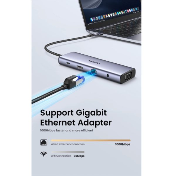 UGREEN 10-portni USB-C HUB 3×USB-A 3.0, 1xUSB- C PD, VGA, 4K, HDMI, 1xG-LAN, 1xSD, 1xTF, 3.5mm, sivi - Slika 7