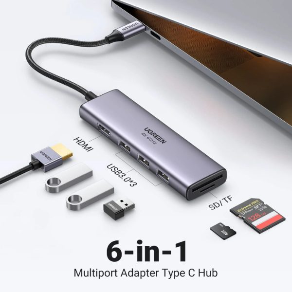 UGREEN 6-portni USB-C HUB 3xUSB-A 3.0, 1xHDMI 4K 60Hz, 1xSD, 1xTF, sivi - Slika 6