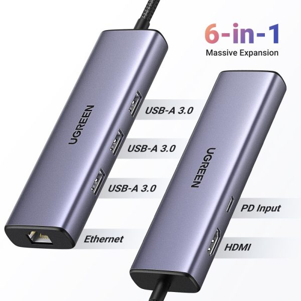 UGREEN 6-portni USB-C HUB USB-C 3×USB-A 3.0, 1×HDMI,1×RJ45,1×USB-C PD, sivi - Slika 3