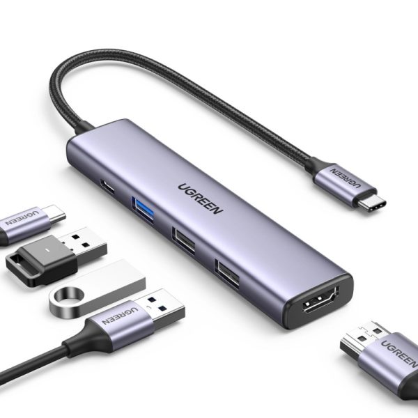 UGREEN 5-portni Revodok 105 USB-C HUB, 3xUSB-A, 1xUSB-C 100W PD, 1xHDMI 4K 30Hz, sivi - Slika 2