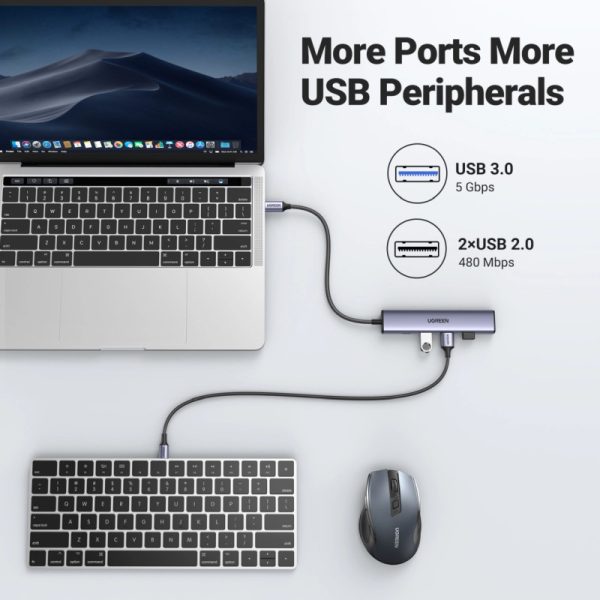 UGREEN 5-portni Revodok 105 USB-C HUB, 3xUSB-A, 1xUSB-C 100W PD, 1xHDMI 4K 30Hz, sivi - Slika 3
