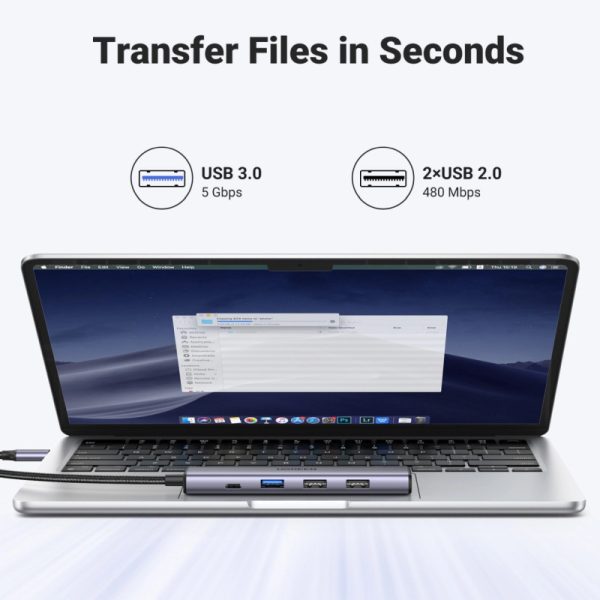 UGREEN 5-portni Revodok 105 USB-C HUB, 3xUSB-A, 1xUSB-C 100W PD, 1xHDMI 4K 30Hz, sivi - Slika 4