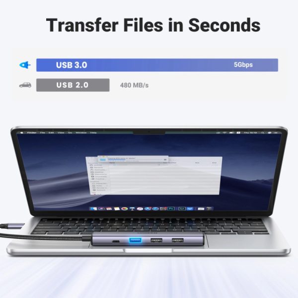 UGREEN 5-portni Revodok 105 USB-C HUB, 3xUSB-A, 1xUSB-C 100W PD, 1xHDMI 4K 30Hz, sivi - Slika 5