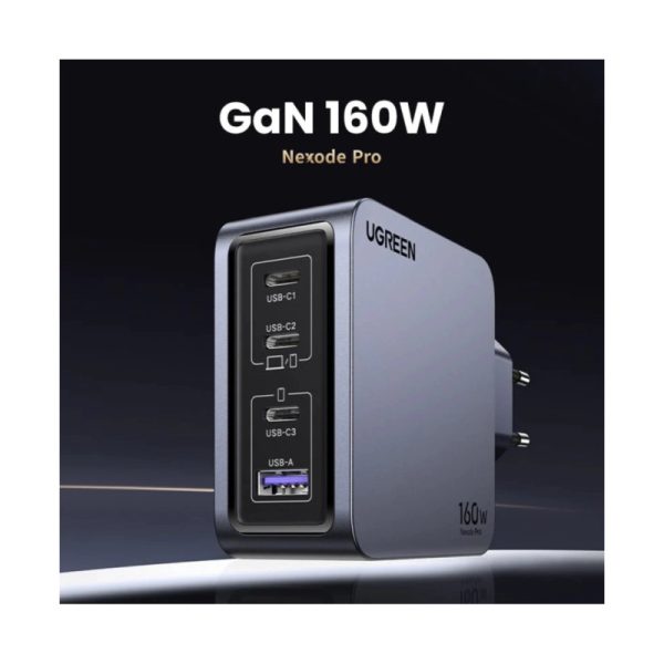 UGREEN Nexode Pro zidni punjač 160W, 3×USB-C/1×USB-A, USB-C kabel, GaN, sivi - Slika 3