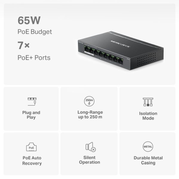 Mercusys 8-Port Gigabit Desktop preklopnik (Switch) 7× Gigabit PoE+, 1× Gigabit Non-Po, Plug & Play, metalno kućište - Slika 4