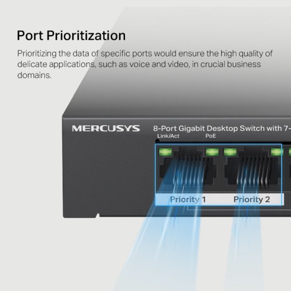 Mercusys 8-Port Gigabit Desktop preklopnik (Switch) 7× Gigabit PoE+, 1× Gigabit Non-Po, Plug & Play, metalno kućište - Slika 8