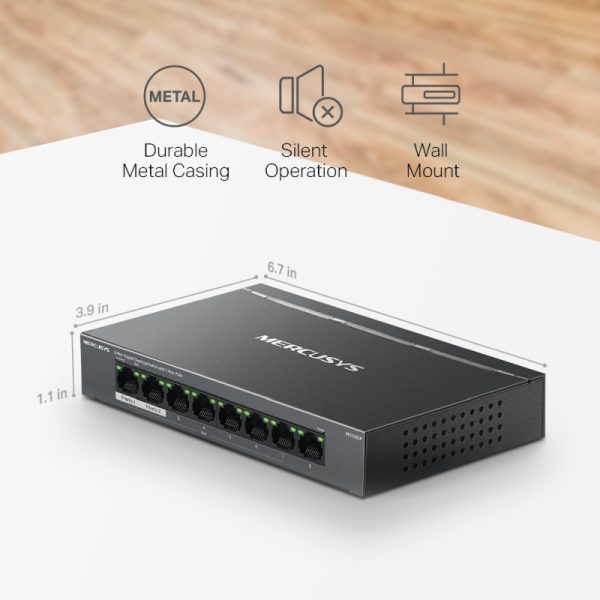 Mercusys 8-Port Gigabit Desktop preklopnik (Switch) 7× Gigabit PoE+, 1× Gigabit Non-Po, Plug & Play, metalno kućište - Slika 10