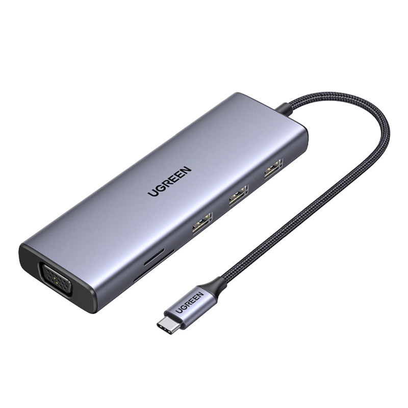 UGREEN 9-portni USB-C HUB 3xUSB-A,1xHDMI 4K 60, 1xVGA, 1xUSB-C PD 100W, 1xRJ45, 1xSD, 1xTF, sivi