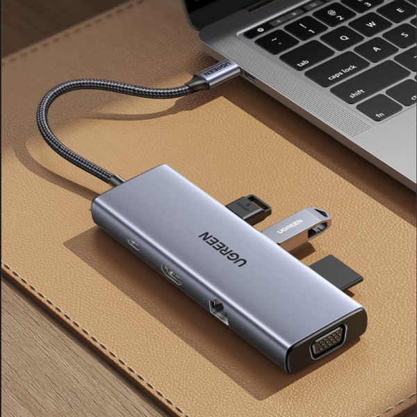 UGREEN 9-portni USB-C HUB 3xUSB-A,1xHDMI 4K 60, 1xVGA, 1xUSB-C PD 100W, 1xRJ45, 1xSD, 1xTF, sivi - Slika 2