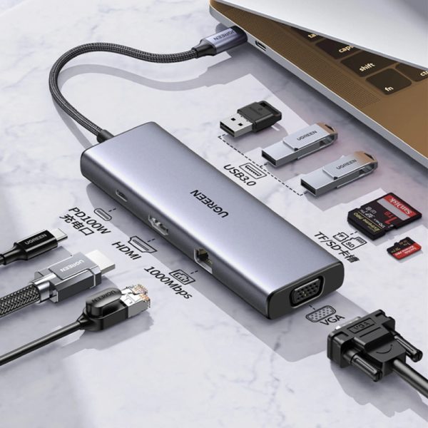 UGREEN 9-portni USB-C HUB 3xUSB-A,1xHDMI 4K 60, 1xVGA, 1xUSB-C PD 100W, 1xRJ45, 1xSD, 1xTF, sivi - Slika 3