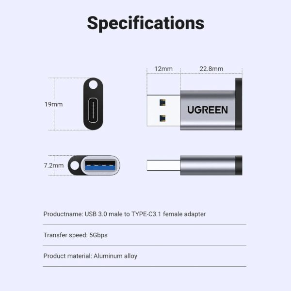 UGREEN adapter USB 3.1 C (Ž) na USB-A 3.0 (M), sivi - Slika 7