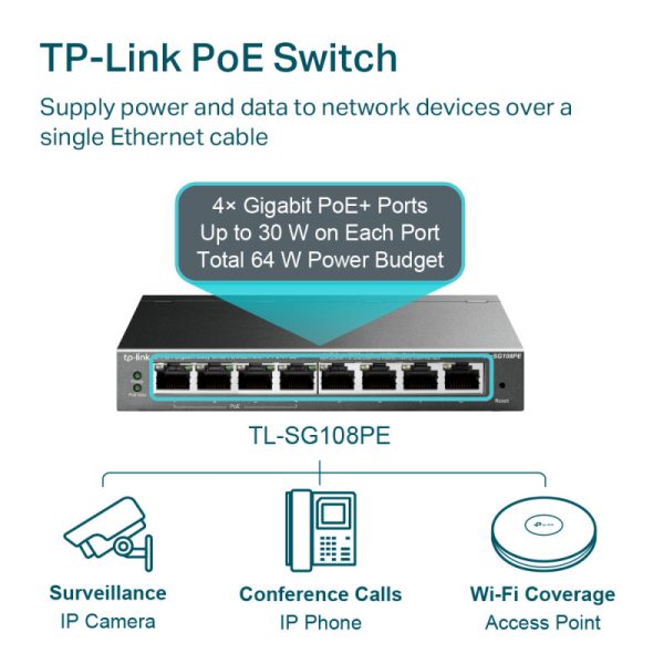 TP-Link 8-port Gigabit PoE Easy Smart preklopnik (Switch), 8×10/100/1000M RJ45, 4×PoE+, metalno kućište, 13" (64W) - Slika 4