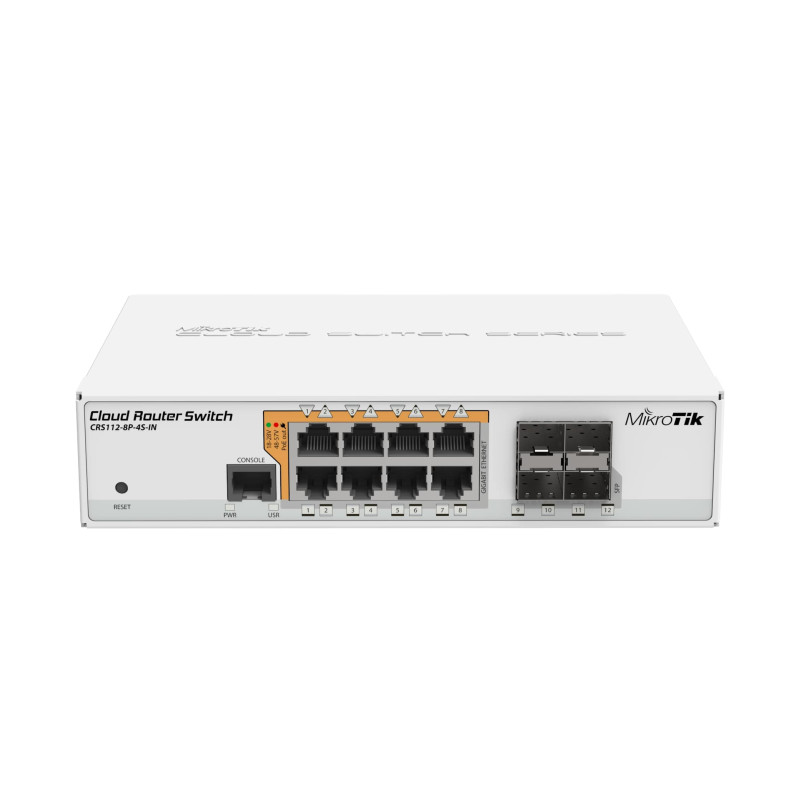 Mikrotik Cloud Router Switch CRS112-8P-4S-IN, QCA8511 400Mhz CPU, 128MB RAM, 8×G-LAN PoE-out, 4×SFP, RouterOS L5, desktop kućište, rack mount, PSU