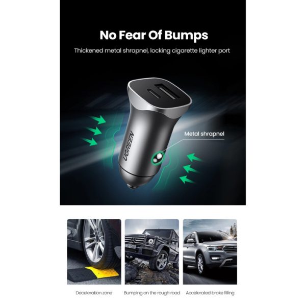 UGREEN auto punjač 30W, USB-C+USB-A, PD3.0/QC3.0, sivi - Slika 3