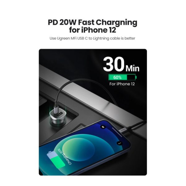 UGREEN auto punjač 30W, USB-C+USB-A, PD3.0/QC3.0, sivi - Slika 6