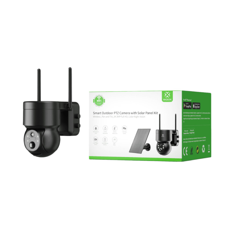 WOOX WiFi Smart vanjska kamera + solarni panel za punjenje, Full HD 1080P, PTZ,  microSD, baterija 5200mAh, IP65 vodootporna, Alexa & Google Assistant, WooxHome app (R3569)