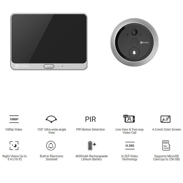 EZVIZ WiFi Smart zvono za vrata sa FHD kamerom, 1/3" Progressive Scan CMOS, dvosmjerni audio, PIR, microSD, Nightvision, EZVIZ app, (DP2C) - Slika 6