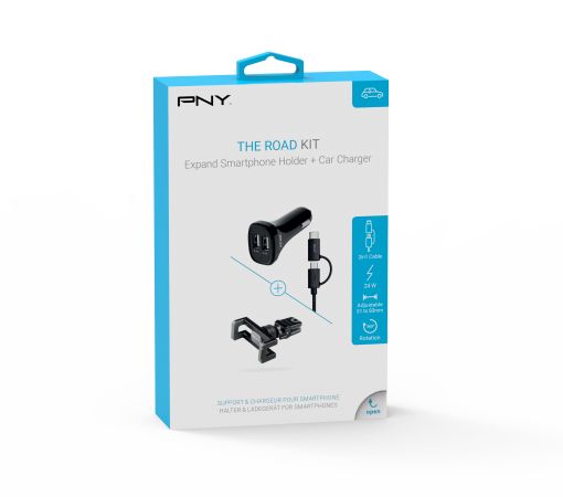 32636-2488_pakiranje Auto punjač PNY The road kit, 3.4A USB + Micro-USB kabel + Stalak za smartphone za ventilaciju + Type-C adapter, crni - Slika 1
