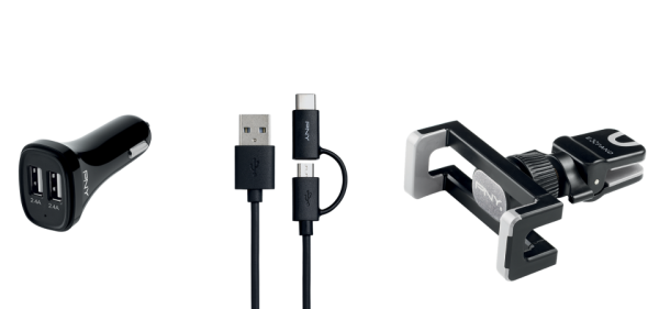 Auto punjač PNY The road kit, 3.4A USB + Micro-USB kabel + Stalak za smartphone za ventilaciju + Type-C adapter, crni - Slika 2