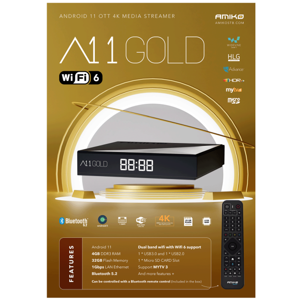 Amiko Prijemnik IPTV, Android OS, 4/32GB, 4K, WiFi, Bluetooth - A11 GOLD - Slika 4