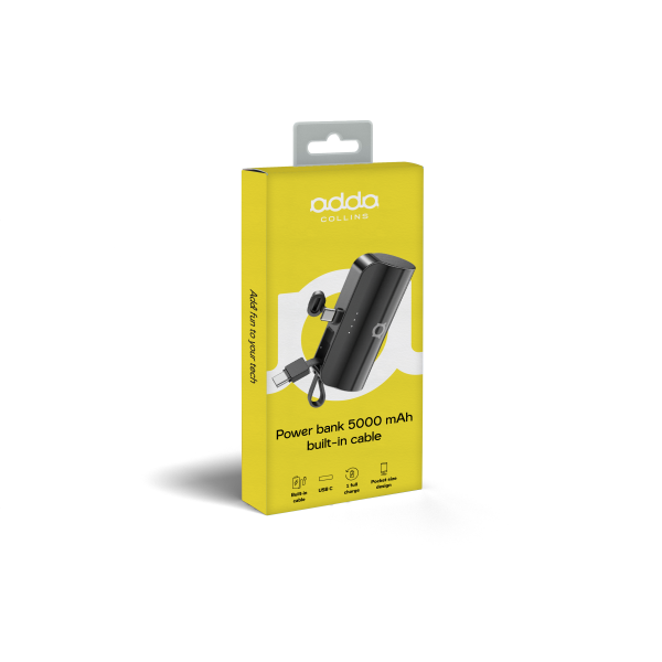 Powerbank Adda Collins PB-003-BK, 5000 mAh, Type c utor s dodatno integriranim Type C kabelom, crna - Slika 2