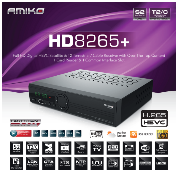 Amiko Prijemnik DVB-S2+T2/C, HEVC, Stalker, FullHD, CX, CI+ - HD-8265+ - Slika 4
