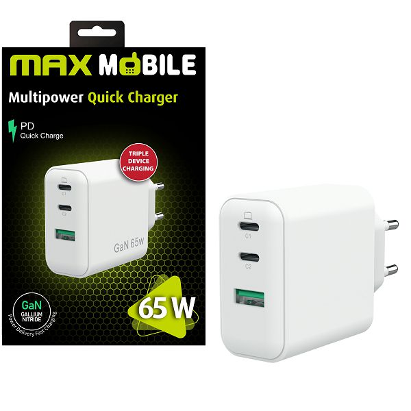 MAXMOBILE KUĆNI PUNJAČ PD SUPER FAST CHARGE Duo TypeC+USB-A,3UTR2076-QP,GaN 65W
